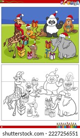 Cartoon illustration of happy animal characters with Christmas gifts coloring page
