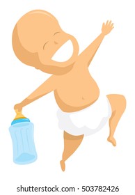 Cartoon illustration of happy baby jumping with bottle