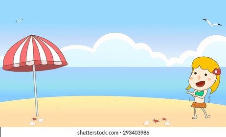 Cartoon illustration of a happy beautiful hula girl, lady, woman dancing on the Hawaii island beach. Summer time vacation, travel, trip. Seagull, ocean, cloud, sky, sand, seashell, sea star vectors.