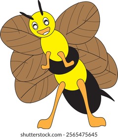 A cartoon illustration of a happy bee with big eyes, yellow and black striped body, and brown wings. The bee is standing with its legs spread wide