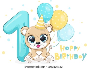 Cartoon illustration "Happy birthday, 1 year", cute lion cub. Vector illustration.