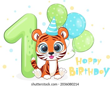 Cartoon illustration "Happy birthday, 1 year", cute tiger cub. Vector illustration.