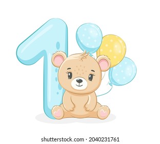 Cartoon illustration "Happy birthday, 1 year", cute baby bear. Vector illustration.