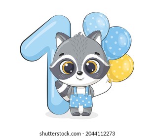 Cartoon illustration "Happy birthday, 1 year", cute raccoon. Vector illustration.