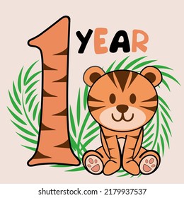 Cartoon illustration "Happy birthday, 1 year", cute tiger cub. Vector illustration.