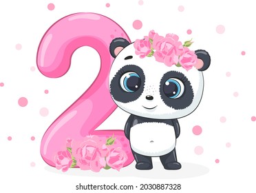 Cartoon illustration "Happy birthday, 2 year", cute panda girl. Vector illustration.