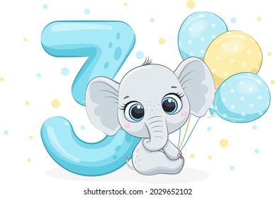 Cartoon illustration "Happy birthday, 3 year", cute baby elephant. Vector illustration.