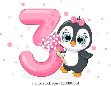 Cartoon illustration "Happy birthday, 3 year", cute penguin. Vector illustration.