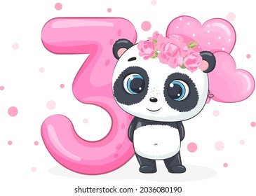 Cartoon illustration "Happy birthday, 3 year", cute panda girl. Vector illustration.