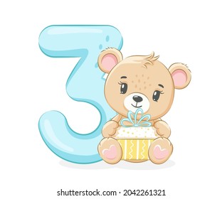 Cartoon illustration "Happy birthday, 3 year", cute baby bear. Vector illustration.