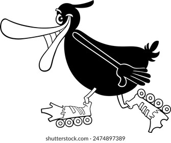 Cartoon illustration of happy black duck animal character riding on roller skates coloring page