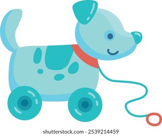 Cartoon illustration of a happy blue toy dog pulling on wheels, suitable for children s books, toys, and playful designs