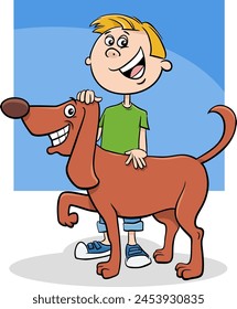 Cartoon illustration of happy boy character with his pet dog
