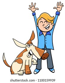 Cartoon Illustration of Happy Boy with Funny Dog or Puppy