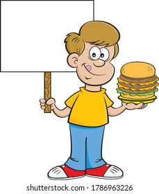 Cartoon illustration of a happy boy holding a large hamburger and a sign.