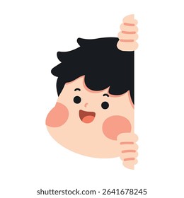 Cartoon Illustration of Happy Boy Peeking Behind Wall
