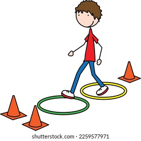 Cartoon illustration of a happy boy walking through obstacle course