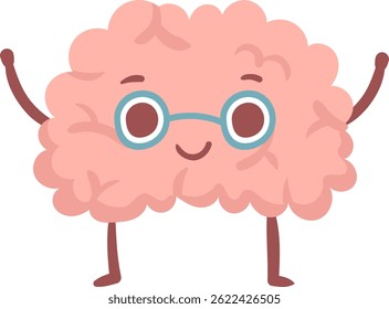 Cartoon illustration of a happy brain wearing glasses raising its arms and smiling, isolated on a white background, promoting mental health awareness and intelligence