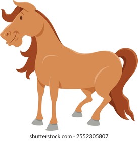 Ilustración de dibujos animados de feliz caballo marrón granja animal personaje cómico