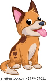 A cartoon illustration of a happy brown and white puppy sitting down and panting with its tongue hanging out. The puppy has brown spots, pointy ears, and big eyes. 