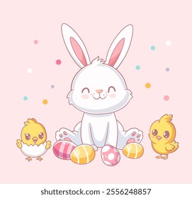 Cartoon illustration of happy bunny with Easter eggs, chickens, flowers. Kawaii hare for Eastery card, sticker, banner, package design. Vector illustration