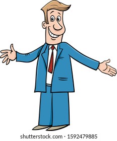 Cartoon Illustration of Happy Businessman or Man Character with Open Arms