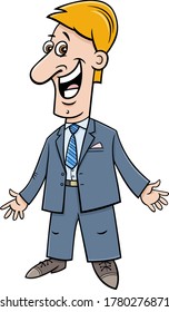 Cartoon Illustration of Happy Businessman or Man Character in Suit