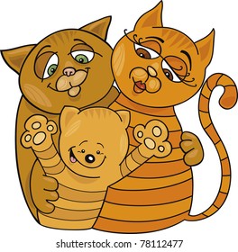 Cartoon illustration of happy cats family