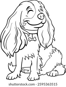 Cartoon illustration of happy Cavalier King Charles Spaniel purebred dog animal character coloring page