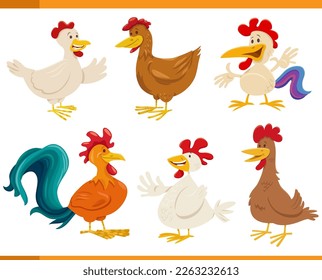 Cartoon illustration of happy chickens farm animals comic characters set