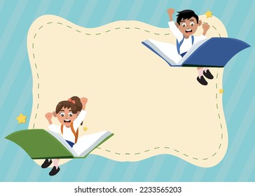 Cartoon illustration of happy children having fun reading books on blue background.