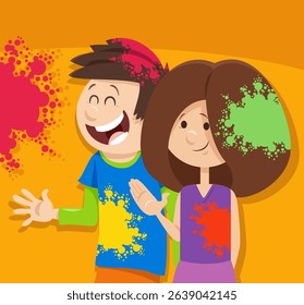 cartoon illustration of happy children on the party with color powders