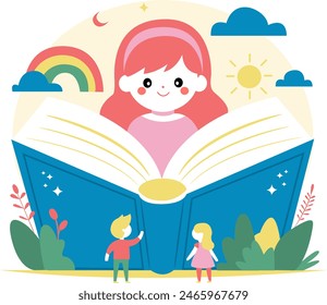 Cartoon illustration of happy children reading a book together