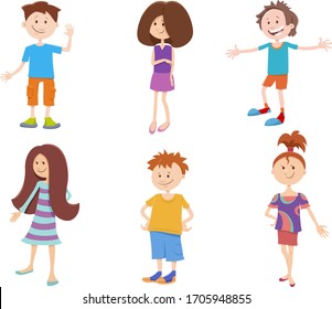 Cartoon Illustration of Happy Children and Teenagers Characters Set