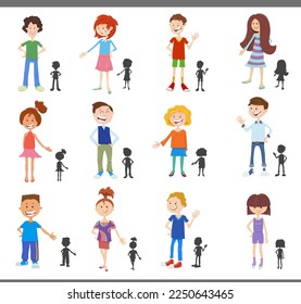 Cartoon illustration of happy children and teenagers comic characters with silhouettes set