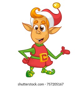 Cartoon Illustration of happy Christmas Elf. Vector happy dwarf character isolated