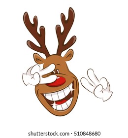 Cartoon illustration. Happy Christmas reindeer is dancing. Illustration on white background.