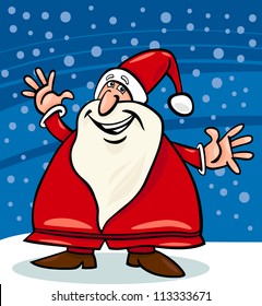 Cartoon Illustration of Happy Christmas Santa Claus or Papa Noel against Evening Sky and Snow