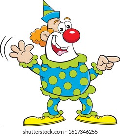 Cartoon illustration of a happy clown pointing while waving.