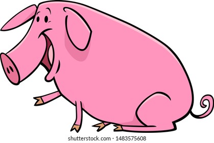 Cartoon Illustration of Happy Comic Pig Farm Animal Character