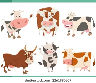 Cartoon illustration of happy cows farm animals comic characters set