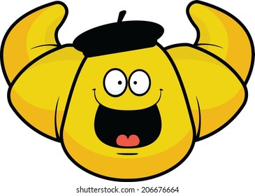 Cartoon illustration of a happy croissant with a beret.