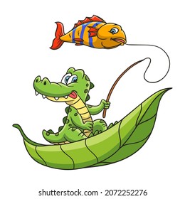 ilustración de dibujos animados alegre pesca de cocodrilo lindo