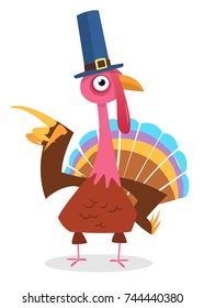 Cartoon illustration of a happy cute thanksgiving turkey character pointing a wing at the message. Vector illustration isolated