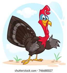Cartoon illustration of a happy cute thanksgiving turkey character pointing a wing at the message. Vector illustration isolated