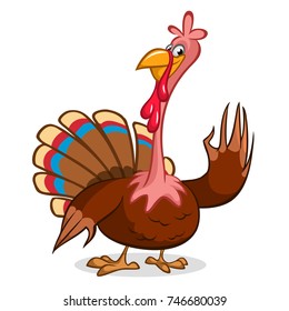 Cartoon illustration of a happy cute thanksgiving turkey character waving hello. Outlines. Vector illustration isolated