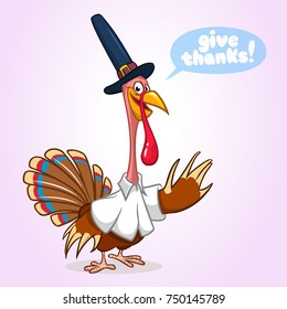 Cartoon illustration of a happy cute thanksgiving turkey character saying Give Thanks. Vector illustration isolated