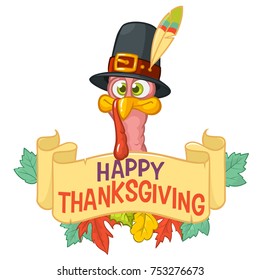 Cartoon illustration of a happy cute thanksgiving turkey character behind the ribbon with greetings. Vector illustration isolated. Design for print or party invitation