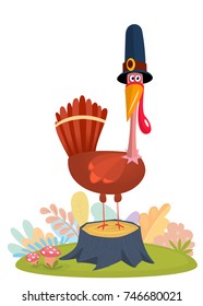 Cartoon illustration of a happy cute turkey wearing a pilgrim hat and standing on stump on grass and leaves. Vector illustration isolated. 