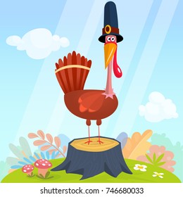Cartoon illustration of a happy cute turkey wearing a pilgrim hat and standing on stump and colorful nature background. Vector illustration isolated. 